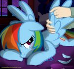  2015 bed blue_body blue_feathers blush brush digital_media_(artwork) duo ears_down embarrassed equid equine feathered_wings feathers female feral floppy_ears friendship_is_magic furniture hair hair_over_eye hasbro hi_res horse human humanoid_hands inside interspecies lying male male/female mammal massage multicolored_hair multicolored_tail my_little_pony night on_bed on_front on_model one_eye_obstructed pegasus pillow pivoted_ears pony ponyecho preening purple_eyes rainbow_dash_(mlp) rainbow_hair rainbow_tail show shy smile spread_wings text url wings 