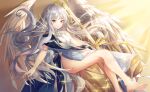  1girl absurdres angel_wings bangs bare_arms bare_legs bare_shoulders barefoot blue_dress bottomless breasts caren_hortensia caren_hortensia_(amor_caren) commentary_request dot_nose dress fate/grand_order fate_(series) feathered_wings feet floating_hair forehead full_body grey_hair hair_ornament highres knees_together_feet_apart legs light_frown long_hair looking_afar parted_bangs rosu_1109 sash solo sparkle sunlight thighs toes white_wings wings yellow_eyes 