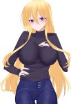  1girl absurdres azur_lane bismarck_(azur_lane) black_sweater blonde_hair blue_eyes blue_pants breasts casual commission cowboy_shot hand_on_own_chest highres large_breasts long_hair neunzig pants ribbed_sweater smile solo sweater white_background 