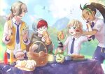  1boy 3girls ;d arven_(pokemon) bangs basket blonde_hair bottle bread brown_hair cloud commentary_request cup day eating eyelashes fidough food glasses green_hair highres holding holding_food holding_knife holding_poke_ball juliana_(pokemon) ketchup_bottle knife multicolored_hair multiple_girls mustard_bottle nemona_(pokemon) one_eye_closed open_mouth orange_eyes outdoors penny_(pokemon) plate poke_ball poke_ball_(basic) pokemon pokemon_(creature) pokemon_(game) pokemon_sv ponytail red_hair round_eyewear sandwich schafe_kuh short_hair sky smile smoliv sweatdrop teeth two-tone_hair 