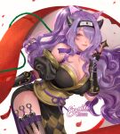  1girl camilla_(fire_emblem) choker enmoire fire_emblem fire_emblem_fates fire_emblem_heroes fishnet_thighhighs fishnet_top fishnets hair_over_one_eye headband holding_shuriken kunai leaning_forward lips long_hair ninja official_alternate_costume official_alternate_hairstyle pelvic_curtain ponytail purple_choker purple_eyes purple_hair purple_ribbon purple_robe ribbon ribbon_choker robe rope scroll shimenawa shuriken_hair_ornament smile solo thighhighs thorns very_long_hair watermark wavy_hair weapon 