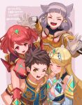  3girls animal_ears bangs blonde_hair blunt_bangs bodysuit breasts cat_ears chest_jewel dress earrings gloves grey_hair gxp highres jewelry large_breasts long_hair multiple_girls mythra_(xenoblade) nia_(xenoblade) pyra_(xenoblade) red_eyes red_hair rex_(xenoblade) short_dress short_hair swept_bangs tiara very_long_hair white_dress white_gloves xenoblade_chronicles_(series) xenoblade_chronicles_2 yellow_bodysuit yellow_eyes 