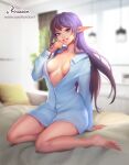  1girl blue_eyes blue_shirt blurry blurry_background breasts depth_of_field hand_up head_tilt highres long_hair long_sleeves looking_at_viewer medium_breasts naked_shirt on_bed pointy_ears purple_hair roxxxan seductive_smile shirt sitting smile solo warcraft world_of_warcraft 