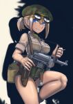  1girl absurdres beret blonde_hair breast_pocket camouflage canteen cigarette erica_(naze1940) gun hat highres holding holding_gun holding_weapon military military_uniform original pocket short_hair shorts soldier solo submachine_gun sunglasses uniform weapon world_war_ii 