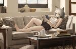  1girl animal_ear_fluff animal_ears arknights barefoot black_shorts breasts cat_ears cat_girl cleavage coffee_table couch crop_top cup distr full_body green_eyes grey_hair highres holding holding_phone kal&#039;tsit_(arknights) large_breasts looking_at_viewer lying midriff_peek mug on_back on_couch phone short_hair shorts sideboob solo table tank_top teapot white_tank_top 