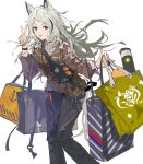  1girl :p alchemaniac animal_ears arknights bag black_pants brown_shirt feet_out_of_frame grani_(arknights) grey_hair hand_up highres holding holding_bag horse_ears horse_girl horse_tail long_hair long_sleeves pants purple_eyes shirt shopping_bag simple_background solo tail tongue tongue_out v white_background 