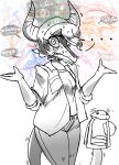  anthro bodily_fluids clothed clothing dinosaur female gesture hat headgear headwear hi_res horn looking_at_viewer monochrome puppet reptile rexhastala scalie schizo_chan_(snoot_game) schizophrenia shaking shrug simple_background sketch snoot_game_(fan_game) solo sweat trembling video_games white_background 