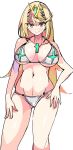  1girl ass_visible_through_thighs bangs bikini blonde_hair breasts chest_jewel circlet enpe highres large_breasts long_hair looking_at_viewer mythra_(xenoblade) navel smile solo swimsuit very_long_hair white_bikini xenoblade_chronicles_(series) xenoblade_chronicles_2 yellow_eyes 