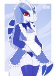  anthro blue_body blue_breasts bottomwear bow_tie breasts clothed clothing clothing_lift digital_media_(artwork) female generation_2_pokemon hi_res kiselek legendary_pokemon legwear looking_at_viewer lugia maid_uniform makizu medium_breasts multicolored_body nintendo pokemon pokemon_(species) pokemorph presenting_panties red_eyes simple_background skirt skirt_lift solo stockings two_tone_body uniform video_games white_body 