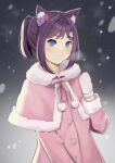  1girl absurdres animal_ears blue_eyes breath cat_ears cat_girl claudia_katsumoto claudia_katsumoto_(artist) coat flower gradient gradient_background hair_flower hair_ornament hairclip hand_up highres night pink_coat ponytail purple_hair snowing solo tomopulse virtual_youtuber winter_clothes 