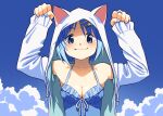  1girl animal_ears arms_up blue_eyes blue_hair blue_nails blue_one-piece_swimsuit blue_sky blush breasts cat_ears cleavage cloud english_commentary gloamy hair_ornament highres looking_at_viewer mahou_shoujo_madoka_magica medium_breasts medium_hair miki_sayaka mitakihara_school_uniform one-piece_swimsuit paw_pose school_uniform sky sleeves_past_wrists smile solo star_(symbol) star_hair_ornament swimsuit upper_body x_hair_ornament 