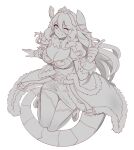  1girl absurdres alkyun armor blush breasts cleavage dragalia_lost dragon_girl dragon_horns dragon_tail from_above fur-trimmed_waist_cape fur_trim highres horns large_breasts long_hair looking_at_viewer monochrome mym_(dragalia_lost) one_eye_closed pointing smile solo tail thighhighs thighs tiara very_long_hair waist_cape wrist_cuffs 