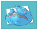  anthro belly big_belly big_breasts big_butt blue_body blue_fur border bottomwear breasts butt cartoon_network clothing female fur huge_butt morbidly_obese morbidly_obese_anthro nicole_watterson obese obese_anthro obese_female overweight overweight_anthro overweight_female raised_tail skirt solo the_amazing_world_of_gumball thick_thighs thong torn_clothing underwear white_border zidgel_(artist) 