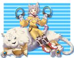  1girl :d animal_ears armored_boots bangs blue_background blunt_bangs boots border brown_hair cat_ears cat_girl chakram dlllll_lllllb dromarch_(xenoblade) full_body gloves highres holding holding_weapon jumpsuit long_sleeves nia_(xenoblade) open_mouth short_hair smile solo tiger weapon white_border white_gloves xenoblade_chronicles_(series) xenoblade_chronicles_2 yellow_eyes yellow_jumpsuit 