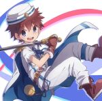  1boy bandaid bandaid_on_face belt blue_cape blue_eyes brown_belt brown_footwear brown_gloves brown_hair cape collared_shirt gloves hat holding holding_sword holding_weapon male_child male_focus merc_storia neil_(merc_storia) open_mouth orb pants sailor sailor_hat shirt short_sleeves solo sword weapon white_pants white_shirt wool_bl 