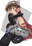  1boy absurdres brown_eyes brown_hair cape collar covering_mouth crossed_legs cyborg facial_mark hairband hand_over_own_mouth highres made_in_abyss male_child male_focus marking_on_cheek mechanical_arms mechanical_hands mechanical_legs metal_collar pointy_ears red_cape regu_(made_in_abyss) sitting solo stomach_tattoo tattoo two-tone_background zxmeko 