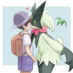  1boy 1other arms_behind_back backpack bag blue_shorts blush closed_eyes erumeruta florian_(pokemon) furry furry_with_non-furry green_fur hat heart highres interspecies kiss leaning_forward mask meowscarada pokemon pokemon_(creature) pokemon_(game) pokemon_sv pokephilia short_tail shorts tail uva_academy_uniform 