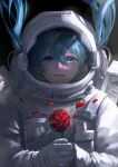  1girl absurdres astronaut bangs blue_eyes blue_hair cmiao falling_petals floating_hair flower hair_between_eyes hair_through_headwear hatsune_miku highres holding holding_flower long_hair looking_up open_mouth own_hands_together petals portrait red_flower red_rose rose sky smile solo space space_helmet spacesuit star_(sky) starry_sky straight-on twintails vocaloid 