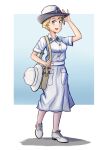  1girl absurdres bag blonde_hair british dress handbag helmet highres military military_uniform naval_uniform open_mouth original pith_helmet royal_navy shoulder_bag smile standing uniform warriordesu white_dress white_footwear white_headwear world_war_ii 