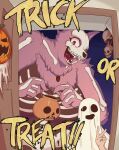  ambiguous_gender anthro bone canid canine canis doorway duo female fur gesture halloween hi_res holding_object holidays jewelry mammal mask necklace open_mouth pumpkin_basket purple_body purple_fur red_eyes sharp_teeth shoutingisfun skull skull_mask smile standing teeth tongue v_sign wolf 