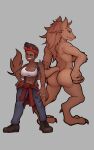 abs accessory anthro big_breasts black_sclera bottomwear breasts brown_body brown_fur butt canid canine cleavage clothed clothing crop_top dark_body dark_skin denim denim_clothing duo female footwear fur grey_background hand_on_hip headband hi_res human jeans looking_at_viewer mammal markydaysaid navel pants shirt shoes simple_background smile standing topwear were werecanid werecanine werewolf 