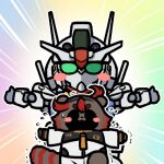  1girl animal_ears blush_stickers gundam gundam_aerial gundam_suisei_no_majo jazz_jack lowres mecha outstretched_arms raccoon_ears raccoon_tail rainbow_background red_hair robot scene_reference sd_gundam simple_background spread_arms striped_tail suletta_mercury tail 