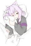  1girl 1other anger_vein animal_ear_fluff animal_ears bangs black_hoodie blanket blush cat_ears closed_mouth drawstring hair_over_one_eye half-closed_eye hololive hood hood_down hoodie long_sleeves nekomata_okayu object_hug one_eye_closed pillow pillow_hug pink_eyes pink_hair puffy_long_sleeves puffy_sleeves simple_background solo_focus techi_(siro-white_0803) virtual_youtuber white_background 