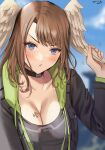  1girl artist_name asymmetrical_bangs bangs black_bodysuit black_choker black_jacket blue_eyes blue_sky blurry blurry_background blush bodysuit breasts brown_hair chest_tattoo choker collarbone dated eunie_(xenoblade) feathered_wings green_hood green_jacket hand_up head_wings highres hood hood_down jacket large_breasts long_hair long_sleeves looking_at_viewer multicolored_clothes multicolored_jacket open_clothes open_jacket oyasu_(kinakoyamamori) parted_lips sky solo tattoo two-tone_jacket upper_body white_wings wings xenoblade_chronicles_(series) xenoblade_chronicles_3 