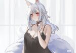 1girl absurdres alternate_costume animal_ear_fluff animal_ears bell black_camisole blush breasts camisole choker cleavage collarbone commentary eyeshadow facial_mark forehead_mark fox_ears fox_tail frilled_choker frills grey_hair highres holding holding_hair large_breasts light_frown long_hair looking_at_viewer makeup milephunter multiple_tails neck_bell nijisanji nijisanji_en nina_kosaka red_choker red_eyeshadow solo symbol-only_commentary tail upper_body virtual_youtuber 