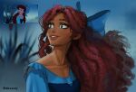  1girl alternate_skin_color ariel_(disney) blue_bow blue_shirt bow dark-skinned_female dark_skin derivative_work dreadlocks green_eyes hair_bow long_hair parted_lips roxxxan screencap_inset screencap_redraw shirt smile solo the_little_mermaid the_little_mermaid_(2023) upper_body 