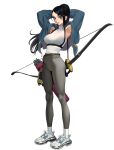  1girl armpits arms_behind_head arms_up arrow_(projectile) bangs belt belt_buckle black_belt black_hair blue_eyes blue_jacket blush bow_(weapon) bra_visible_through_clothes buckle closed_mouth ear_piercing earrings full_body grey_pants hair_ornament hairpin highres hongcasso jacket jewelry long_hair long_sleeves looking_at_viewer open_clothes open_jacket original pants piercing ponytail quiver shirt shoes shoulder_belt sleeveless sleeveless_turtleneck smile sneakers solo standing swept_bangs tight tight_pants turtleneck weapon white_background white_shirt zipper zipper_pull_tab 