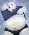  2022 anthro belly big_belly bulge clothing condom condom_in_mouth fur guratan_wa hi_res humanoid_hands kemono lying male mammal moobs navel overweight overweight_male polar_bear sexual_barrier_device solo underwear ursid ursine white_body white_fur 