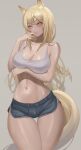  1girl absurdres animal_ears arknights arm_under_breasts bangs blonde_hair blue_shorts blush breasts cleavage commentary commission cowboy_shot english_commentary finger_to_mouth grey_background hair_between_eyes highres horse_ears horse_girl horse_tail large_breasts long_hair looking_at_viewer meowrim naughty_face navel nearl_(arknights) parted_lips seductive_smile short_shorts shorts simple_background smile solo tail tank_top teeth thighs white_tank_top yellow_eyes 