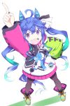  1girl :d absurdres ahoge animal_ears aqua_hair arm_up black_bodysuit blue_eyes blue_hair bodysuit boots clothes_writing commentary drawstring ear_covers full_body gradient_hair hair_ribbon hand_on_hip heterochromia highres hood hood_down hooded_coat horse_ears horse_girl horse_tail index_finger_raised iwami_kyuuto long_hair looking_at_viewer messy_hair multicolored_coat multicolored_hair open_mouth purple_eyes ribbon sharp_teeth sidelocks simple_background smile solo standing stuffed_animal stuffed_bunny stuffed_toy tail teeth twin_turbo_(umamusume) twintails umamusume white_background white_ribbon yellow_footwear 