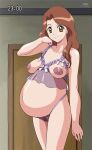  1girl big_belly breasts breasts_out brown_eyes brown_hair commentary_request derivative_work fake_screenshot female_pubic_hair fresh_precure! highres looking_at_viewer mature_female muimui navel nipples panties precure pregnant pubic_hair see-through_panties smile solo timestamp underwear yamabuki_naoko 