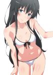  1girl absurdres bangs bikini black_hair blue_eyes blush breasts closed_mouth collarbone commentary_request hair_ribbon head_tilt highres long_hair looking_at_viewer navel red_ribbon ribbon shou937 sidelocks simple_background small_breasts smile solo swimsuit upturned_eyes white_background white_bikini yahari_ore_no_seishun_lovecome_wa_machigatteiru. yukinoshita_yukino 