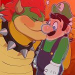  2022 anthro blush bowser clothed clothing collar digital_media_(artwork) duo eyes_closed facial_hair hair hi_res holding_head horn human human_on_anthro humanoid interspecies jamejarrs jewelry kiss_on_lips kissing koopa luigi male male/male mammal mario_bros mustache nintendo scalie shell smile spikes super_mario_bros._(movie) surprised_expression the_super_mario_bros_movie video_games wide_eyed 
