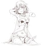  ! 1girl armpits belt blush breasts cape cleavage dated detached_sleeves gloves hair_ornament hand_in_own_hair mahou_shoujo_madoka_magica mahou_shoujo_madoka_magica:_hangyaku_no_monogatari medium_breasts medium_hair midriff miki_sayaka monochrome mr_nini musical_note musical_note_hair_ornament shallow_water signature sitting smile solo soul_gem spoken_exclamation_mark thighhighs wariza water wet white_background 