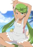  1girl arms_behind_head arms_up bangs beach blue_sky breasts closed_mouth cloud cloudy_sky commentary dark-skinned_female dark_skin day flower green_eyes green_footwear green_hair green_headband grey_overalls headband highres horizon indian_style iwami_kyuuto long_hair looking_at_viewer low_twintails mallow_(pokemon) outdoors overall_shorts overalls palm_tree pink_flower pokemon pokemon_(game) pokemon_sm sandals sitting sky small_breasts smile solo swept_bangs tree twintails 
