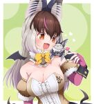  1girl animal animal_costume animal_ears bare_shoulders bat_(animal) bat_ears bat_girl bat_wings bow bowtie breasts brown_eyes brown_hair brown_long-eared_bat_(kemono_friends) drias elbow_gloves extra_ears fingerless_gloves gloves grey_hair highres kemono_friends kemono_friends_v_project large_breasts leotard long_hair multicolored_hair open_mouth scarf simple_background skirt virtual_youtuber wings 