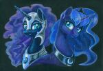  2022 armor black_background black_body black_fur blue_body blue_eyes blue_fur blue_hair bust_portrait colored_pencil_(artwork) crown duality duo equid equine eyelashes female feral friendship_is_magic fur hair hasbro headgear helmet hi_res horn horse looking_at_viewer mammal maytee my_little_pony nightmare_moon_(mlp) pony portrait princess_luna_(mlp) pseudo_hair pseudo_mane pupils purple_hair simple_background smile square_crossover three-quarter_view traditional_media_(artwork) winged_unicorn wings 