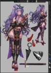  1girl alternate_hairstyle arm_guards ass bare_shoulders camilla_(fire_emblem) choker fingerless_gloves fire_emblem fire_emblem_fates fire_emblem_heroes fishnet_thighhighs fishnet_top fishnets flower gloves hair_over_one_eye highres holding holding_scroll karmamissile731 kodachi kunai looking_at_viewer multiple_views nail_polish ninja official_alternate_costume pelvic_curtain ponytail purple_choker purple_eyes purple_gloves purple_hair purple_nails purple_ribbon red_flower red_rose ribbon ribbon_choker rose scroll shin_guards short_sword solo sword tassel thighhighs wavy_hair weapon wide_hips 