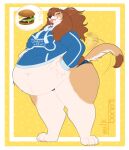  4_toes absurd_res anthro artist_name bedroom_eyes belly big_belly big_breasts blue_clothing blue_hoodie blue_topwear blush breasts brown_body brown_eyes brown_fur brown_hair burger canid canine canis claws clothing digital_media_(artwork) domestic_dog english_text feet female fingers food fur hair half-closed_eyes hand_on_stomach hi_res hoodie huge_breasts looking_at_viewer mammal midriff milkboners narrowed_eyes navel overweight overweight_female panties pawpads seductive shirt simple_background smile solo speech_bubble tan_body tan_fur text text_on_clothing text_on_hoodie text_on_shirt text_on_topwear thick_thighs toe_claws toes tongue tongue_out topwear underwear white_body white_fur 