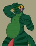  2022 4_fingers anthro bedroom_eyes belly big_belly chubby_male colored countershading digital_drawing_(artwork) digital_media_(artwork) fingers fist flat_colors gecko genitals green_body green_scales green_tail hand_behind_head hi_res ineternet licking licking_lips lizard male markings narrowed_eyes overweight penis portrait pupils reptile roblox scales scalie seductive simple_background slit_pupils solo solo_focus thick_thighs tongue tongue_out yellow_sclera 