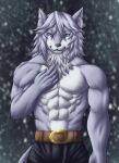  2021 5_fingers abs absurd_res anthro athletic athletic_anthro athletic_male belt bottomwear canid canine canis chibikoma claws clothed clothing fate_(series) finger_claws fingers fur grey_body grey_fur hair hand_on_chest hand_on_own_chest hi_res humanoid_hands inner_ear_fluff male mammal navel pants patxi_(fate) pecs silver_hair snow snowing solo topless topless_anthro topless_male tuft wolf 