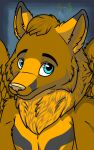  2022 3:4 ambiguous_gender anthro black_eyebrows blonde_hair blue_eyes brown_body brown_feathers brown_fur canid canine canis cheek_tuft comicstormcreations digital_drawing_(artwork) digital_media_(artwork) eyebrows facial_tuft feathered_wings feathers fluffy fur fur_markings grey_markings hair half-length_portrait looking_at_viewer male mammal markings multicolored_body multicolored_fur muscular muscular_male neck_tuft nude portrait shaded simple_background solo storm_angel_wolf_(comicstormcreations) three-quarter_portrait tuft widescreen wings wolf yellow_nose 