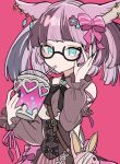  1girl adjusting_eyewear animal_ears bangs bespectacled black_nails bow bowtie breasts brown_dress cleavage detached_sleeves dress drinking drinking_straw ear_piercing eno_(preno_gb) glasses granblue_fantasy green_eyes hair_bow hands_up highres lips looking_at_viewer manamel_(granblue_fantasy) medium_hair multicolored_hair piercing pink_hair semi-rimless_eyewear sleeveless sleeveless_dress small_breasts solo stuffed_animal stuffed_bunny stuffed_toy upper_body 
