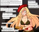  1girl absurdres baguette beret blonde_hair blood blood_from_mouth blue_eyes bra bread breasts centurii-chan_(artist) cleavage clenched_teeth english_commentary food france hat highres impaled long_hair no_shirt original seppuku solo teeth underwear 