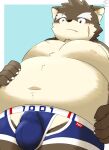  5groo5 anthro belly blush bulge canid canine canis clothing domestic_dog eyebrows fur grey_body grey_fur hi_res lifewonders low-angle_view male mammal moobs moritaka nipples overweight scar solo thick_eyebrows tokyo_afterschool_summoners underwear video_games 