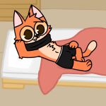  anthro bed bedroom black_clothing black_scarf black_underwear brown_pupils bulge clothing domestic_cat felid feline felis fur furniture low_res male male/male mammal orange_body orange_fur pupils scarf solo tinky tinky_(character) underwear 